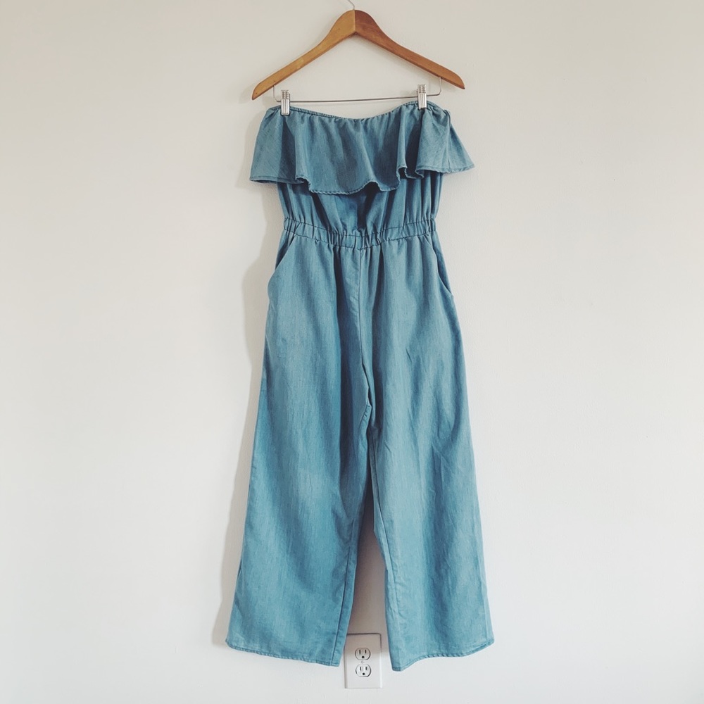 Chambray Ruffle Wide Leg One Piece